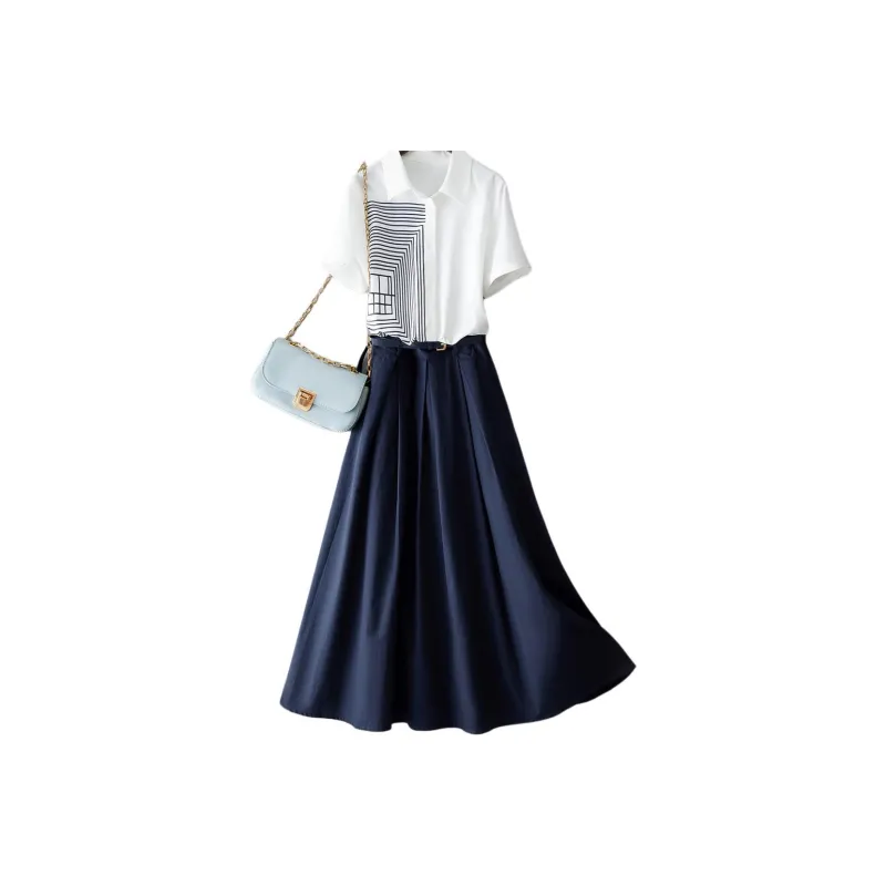 IHIMI Skirt Set Women's White+Navy Blue-1