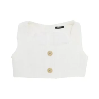 BALMAIN Cropped Buttoned Tweed Strap Top 'Blanc'