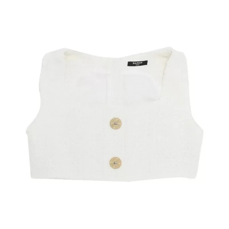 BALMAIN Cropped Buttoned Tweed Strap Top 'Blanc'-0