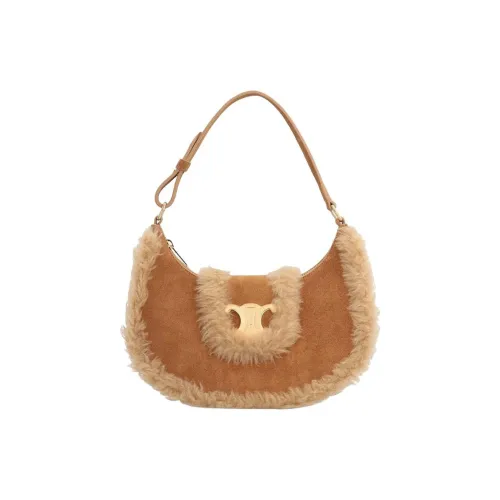 CELINE AVATriomphe Sherpa With Calfskin Shoulder Bag Women's Brown