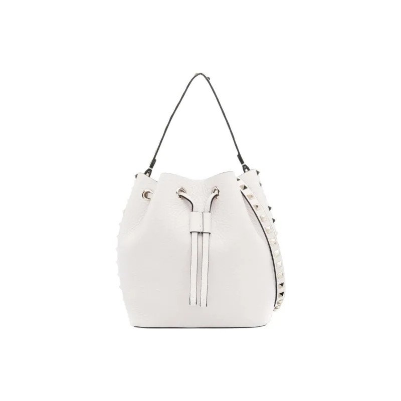 Valentino ROCKSTUD Leather Bucket Bag, One Shoulder Handbag Women's White-0