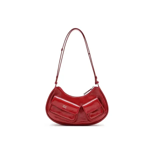MUVA Top Grain Cow Leather Multi Pocket Shoulder Bag, Crossbody Bag Medium Size Women's Party Red/Milkshake White