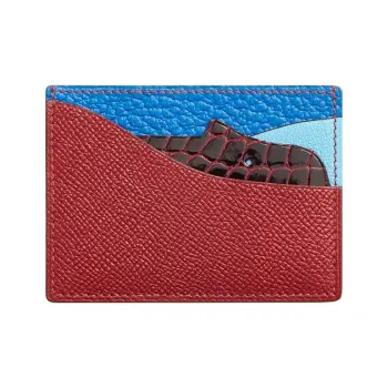 HERMES HISTOIRE NATURELLE Calfskin With Water Cow Leather Mysore With Crocodile Skin Card Holder Unisex Red & Blue