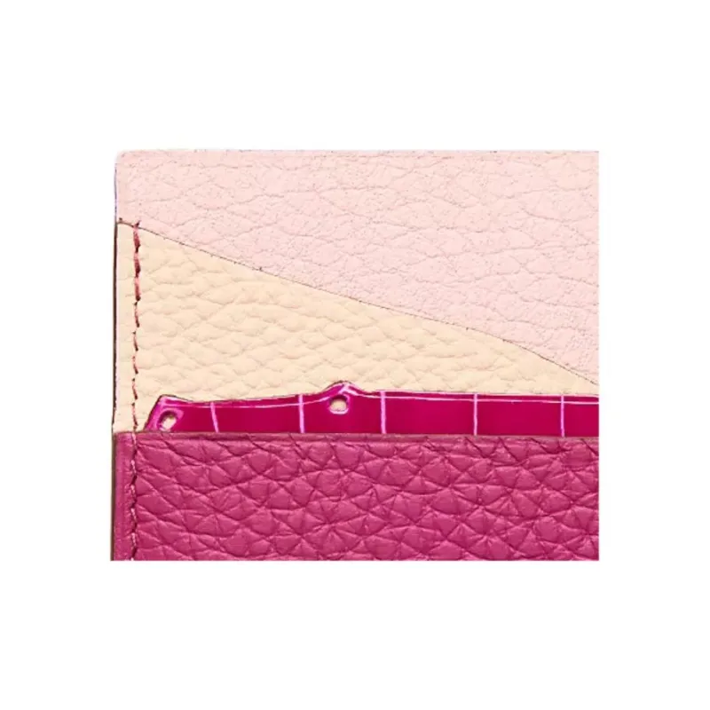 HERMES HISTOIRE NATURELLE Cow Leather With Goat Mysore And Crocodile Leather Card Holder Women's Pink & Rose Red-1