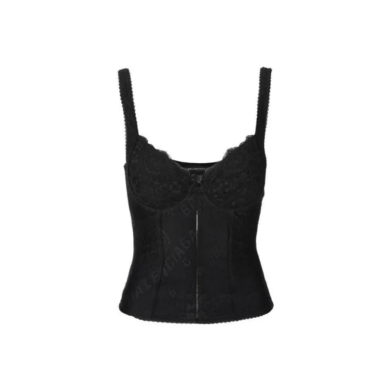 Balenciaga Allover Logo Lace Detailed Lingerie Top-0