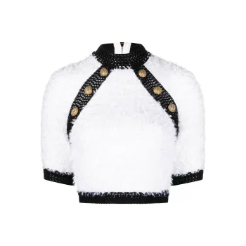 BALMAIN Button embellished Tweed Crop Top