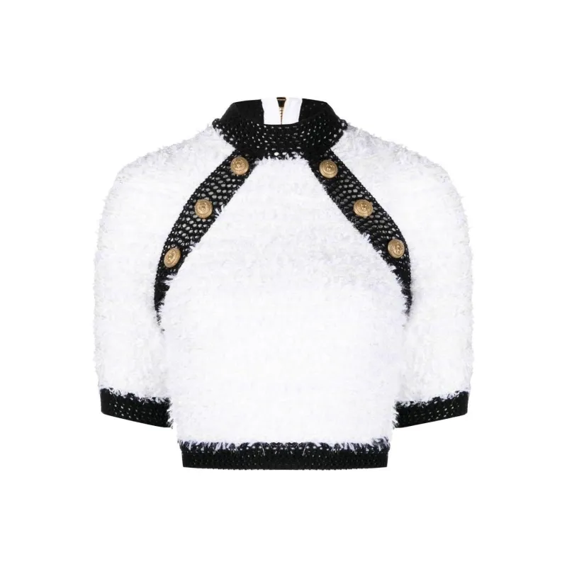 BALMAIN Button embellished Tweed Crop Top-0