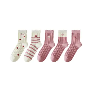 Urban Beauty Mid Calf Socks Women's 5 Pack Pink White
