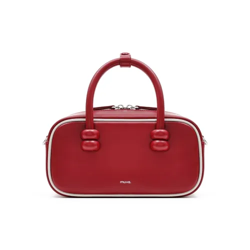 MUVA Cow Leather Boston Bag Handbag Medium Size Women's Party Red/Caramel Brown/Butter/Vintage Blue