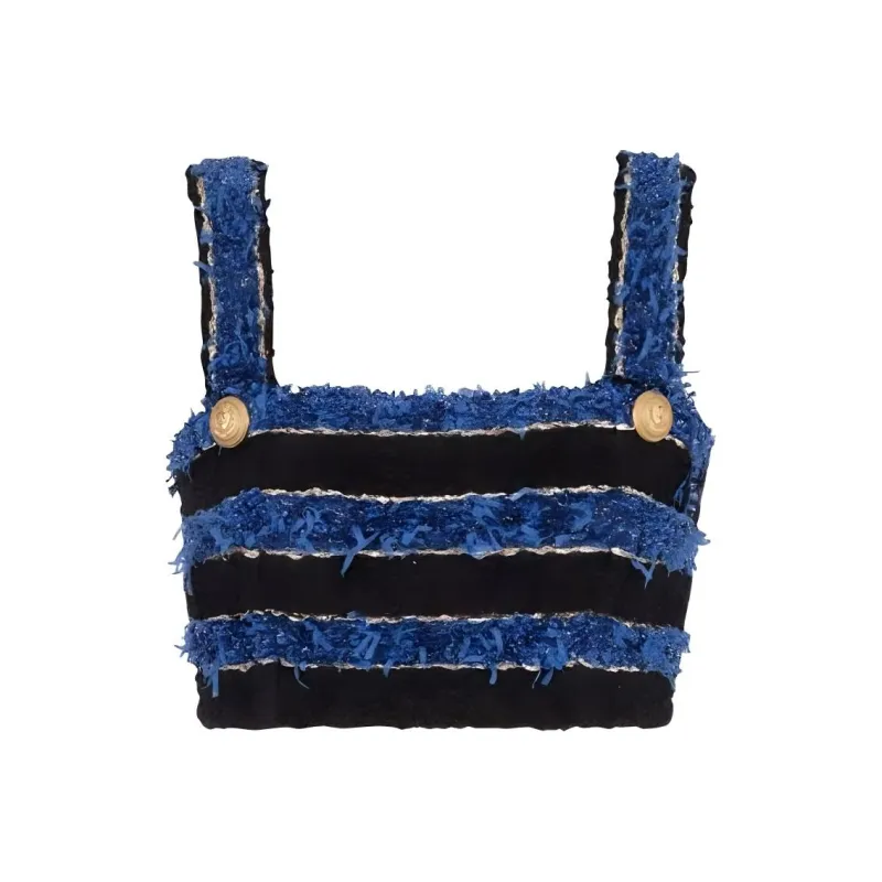 BALMAIN Button Detailed Tweed Sleeveless Cropped Top-0