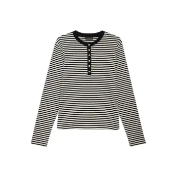 Anine Bing Alessia Half Button Striped Ribbed T Shirt