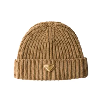 PRADA Triangle Logo Turn Up Brim Ribbed Beanie