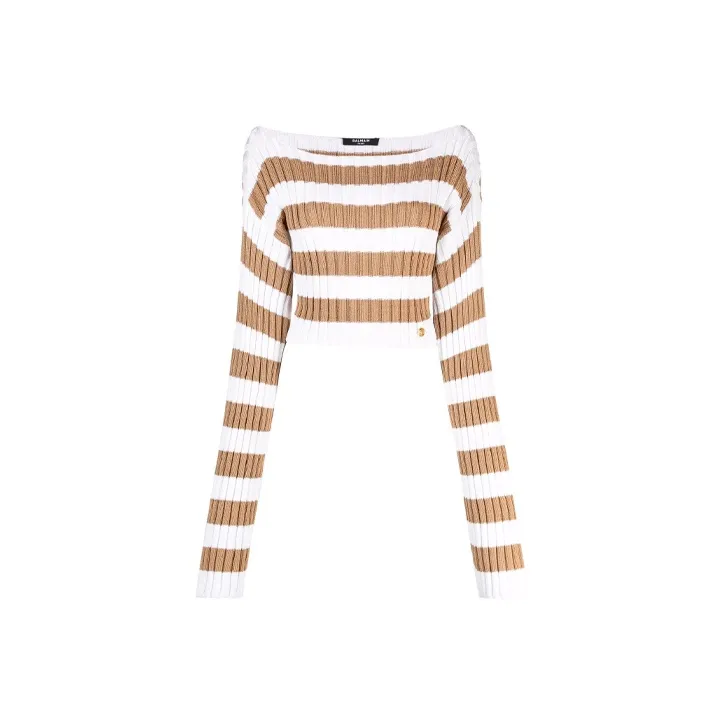 BALMAIN Cropped Off Shoulder Striped Knit Top 'White/Tan'-0