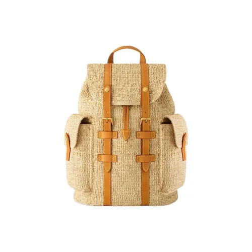 LOUIS VUITTON CHRISTOPHER Raffia Backpack Men's Beige & Brown