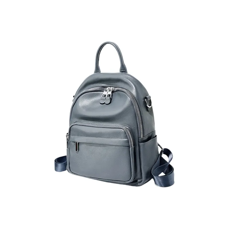 PESASRIE Cow Leather Backpack Women's Black/Gray/Light Blue-11