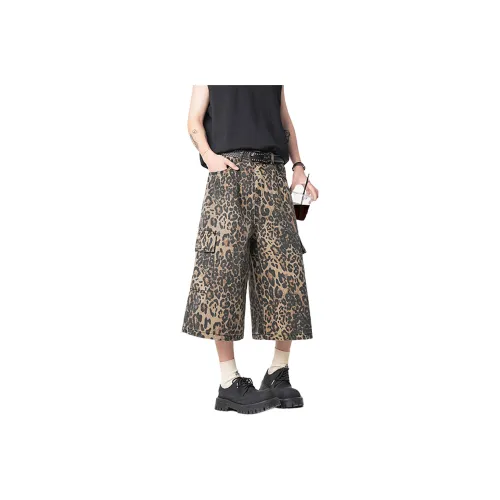 FONDLOOK Denim Shorts Unisex Leopard Retro