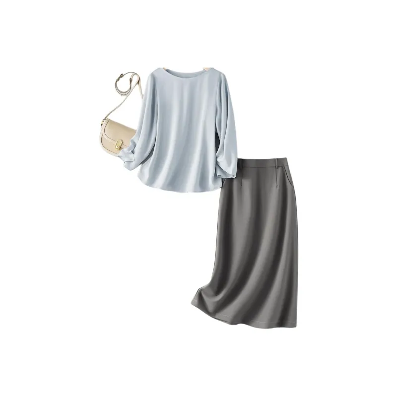 IHIMI Two Piece Skirt Sets Women's Light Blue+Dark Gray-1