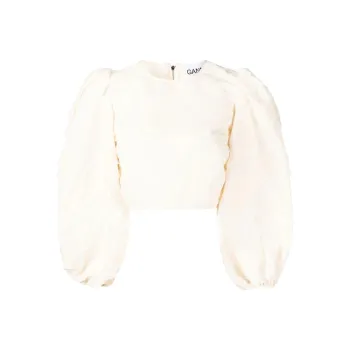 GANNI Stripe Tafetta Wide Sleeves Fitted Blouse 'Egret'