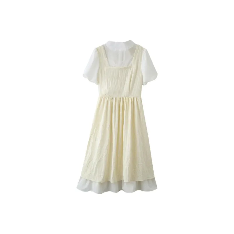DOKZB Short Sleeved Dress Women's Light Yellow-1
