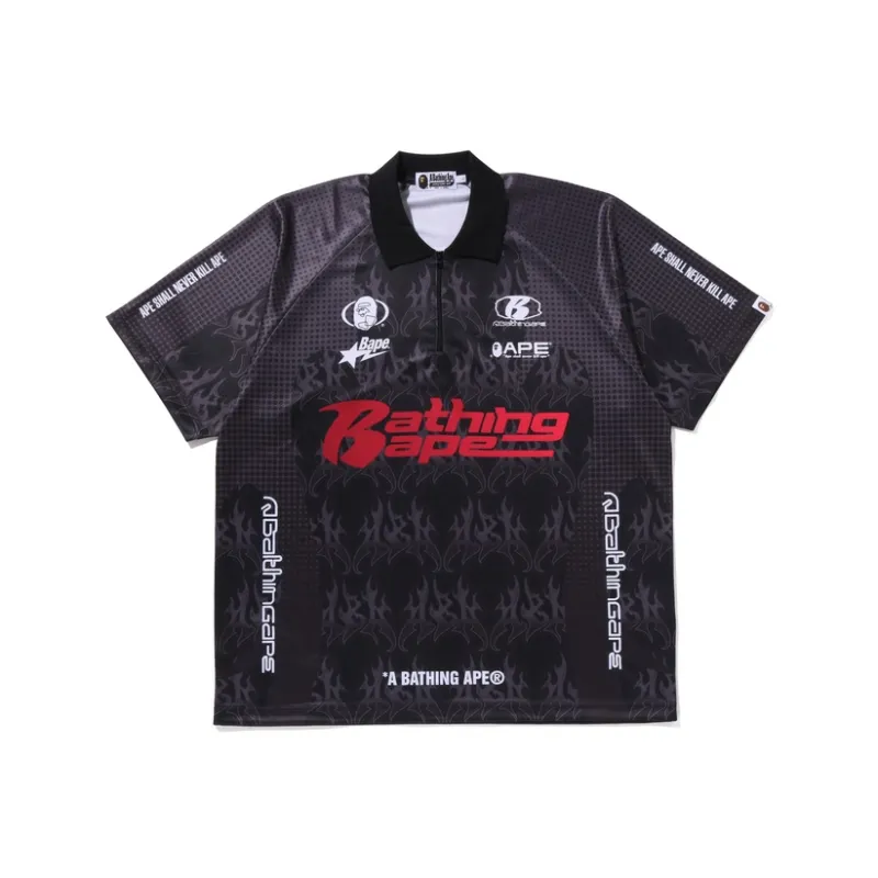 Bape Flame Pattern Overall Print Half Zip Relax Fit Polo Shirt-0