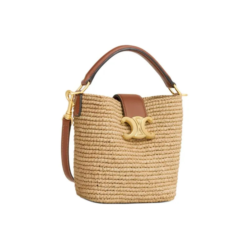CELINE Plant Material With Cow Leather Trim Bucket Bag, Shoulder Bag, Handbag Mini Women's Natural & Tan-1
