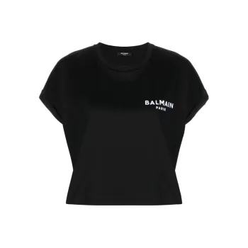 BALMAIN Cropped Eco Designed T Shirt With Small Flocked Logo 'Black/White'