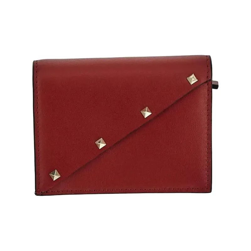 Valentino Rockstud Leather Wallet Women's Red-2