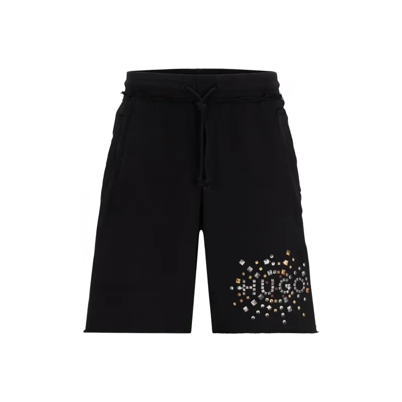 HUGO BOSS Cotton Terry Shorts With Stud Effect Artwork Casual Shorts Men's Black-0