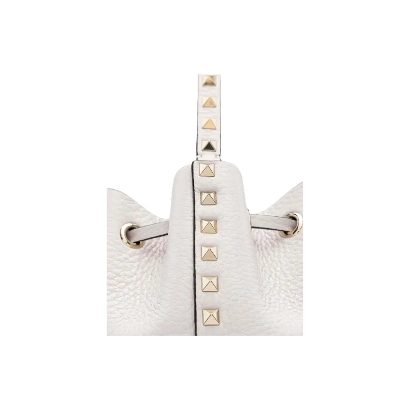 Valentino ROCKSTUD Leather Bucket Bag, One Shoulder Handbag Women's White-2
