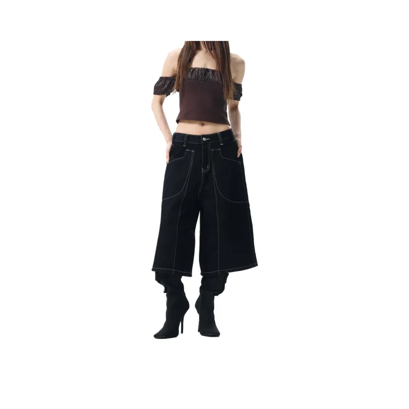 WLNEXT Loose Fit Capri Pants Jeans Unisex Black-0