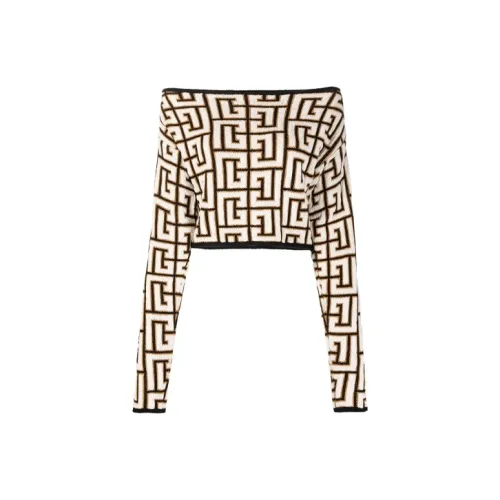 BALMAIN Cropped Off Shoulder Monogram Knit Top 'Noir/Blanc'