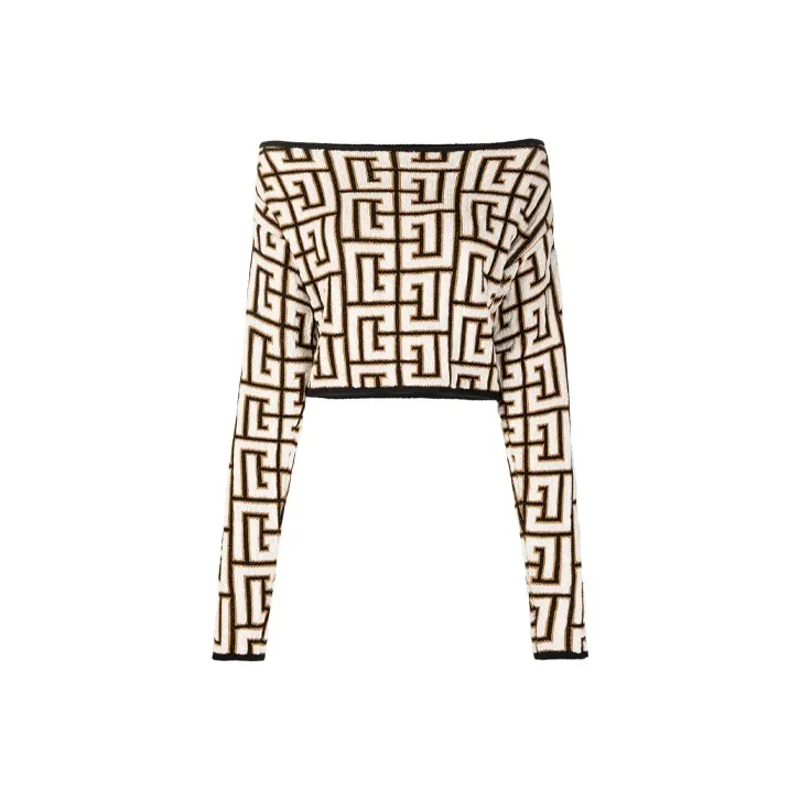 BALMAIN Cropped Off Shoulder Monogram Knit Top 'Noir/Blanc'-0