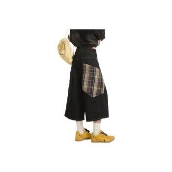 NEVER RULE Denim Shorts Unisex Black Plaid