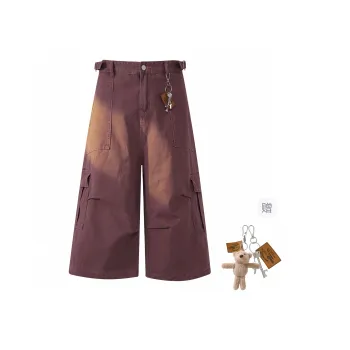 HOKLV Denim Shorts Unisex Burgundy