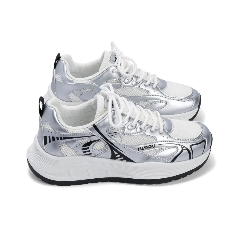 HUANQIU Breathable Coverage Height Increase Low Top Chunky Sneakers Men's Beige Silver-3