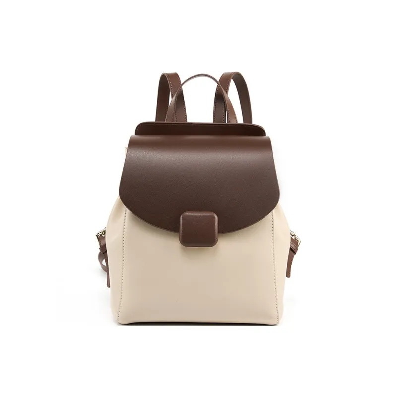 PESASRIE Cow Leather Backpack Regular Women's Beige & Brown-0
