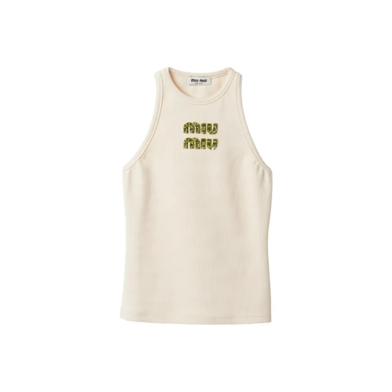 MIU MIU SS24 Embroidered Logo Knit Top Sleeveless-0
