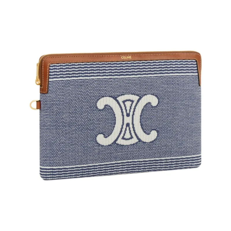 CELINE Triomphe Fabric Clutch Small Size Women's Blue & Beige-1
