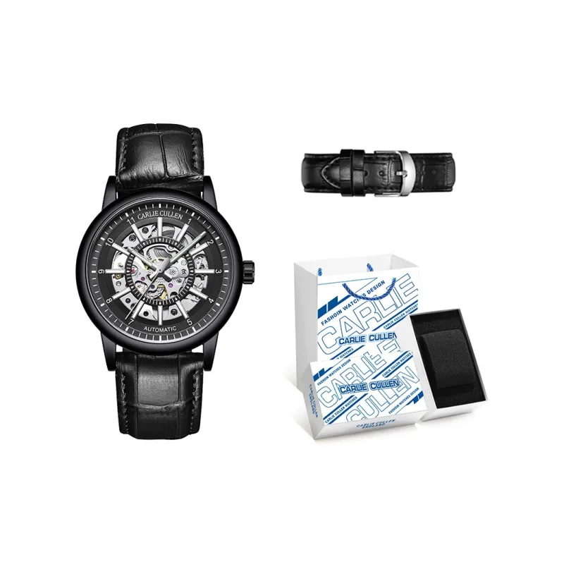 CARLIECULLEN Black Knight Series Automatic Mechanical Movement Genuine Leather Strap Watch Men's Watches Black Dial-7