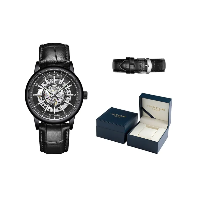 CARLIECULLEN Black Knight Series Automatic Mechanical Movement Genuine Leather Strap Watch Men's Watches Black Dial-21