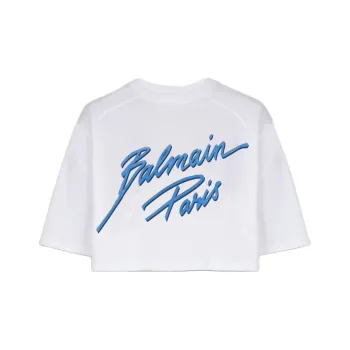 BALMAIN Logo flocked Cropped T shirt