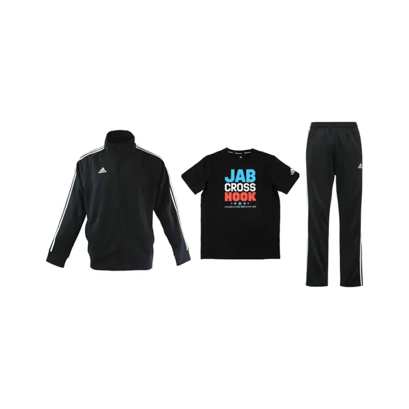 Adidas Casual Sportswear Men Set Black Coat With White Stripes+Black T Shirt+Black Pants With White Stripes-0