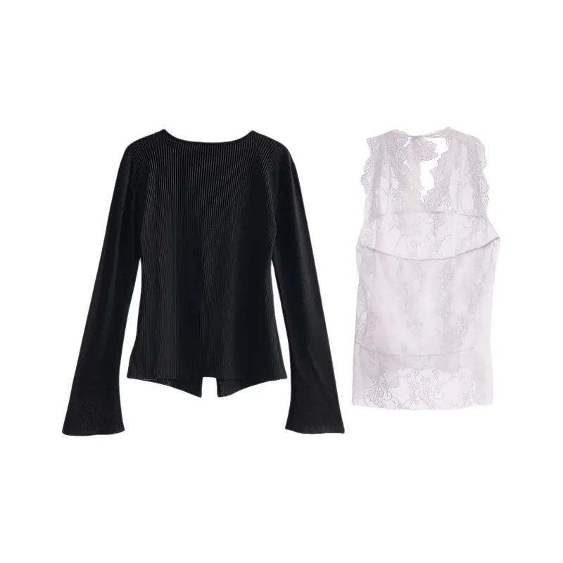 DOKZB Regular T Shirt Women's Black Top+White Lace-1