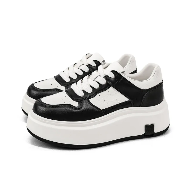 KMD Lightweight Height Increasing Low Top Skateboard Shoes Women's Black+White-1