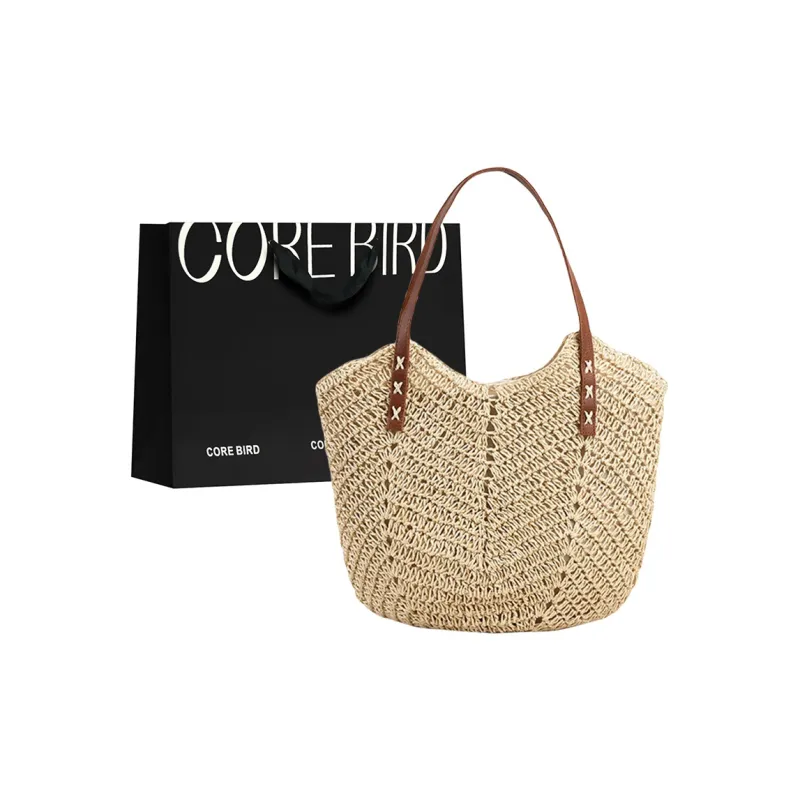 CORE BIRD Straw Woven Shoulder Bag Women's Khaki/Beige-0