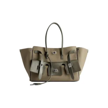 Balenciaga Bel Air Cotton Handbag Medium Size Women's Khaki