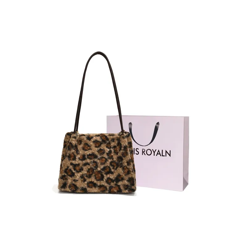 LOUIS ROYALN Plush With PU Shoulder Bag Women's Puppy/Leopard Print-3