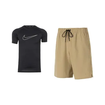 Nike Casual Sportswear Men Black T-Shirt+Khaki Shorts