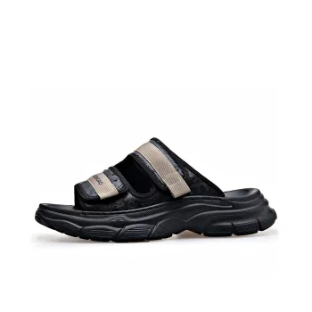 SHUPATE Leather Patchwork Slip Resistant Quick Dry Massage Slide Slippers Men's Black