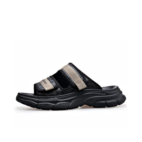 SHUPATE Leather Patchwork Slip Resistant Quick Dry Massage Slide Slippers Men's Black